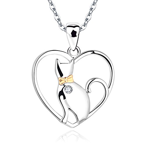 JO WISDOM Damen Halskette Katze Silber 925, Kette Anhänger Herz mit 3A Zirkonia,Schmuck für Frauen von JO WISDOM