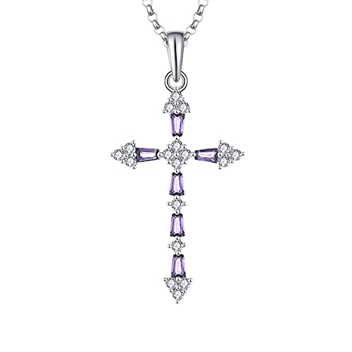 JO WISDOM Damen Kette Kreuz Kruzifix Silber 925,Halskette Anhänger mit 3A Zirkonia Februar Geburtsstein Amethyst Farbe,Schmuck für Frauen von JO WISDOM