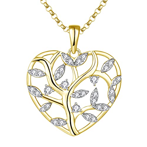 JO WISDOM Damen Kette Lebensbaum Herz Silber 925,Halskette Anhänger Baum des Lebens mit 3A Zirkonia mit Gelb Vergoldet,Schmuck für Frauen von JO WISDOM