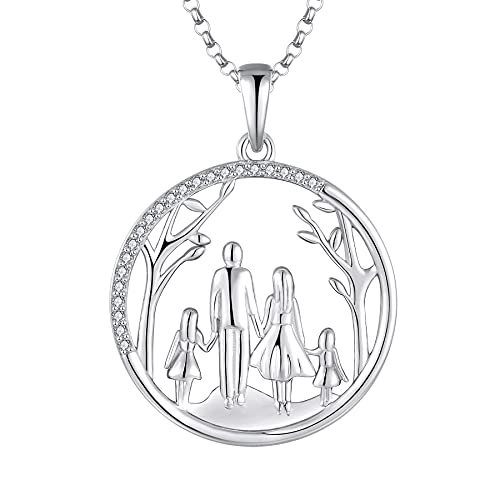 JO WISDOM Damen Kette Mama Familie LebensBaum Silber 925,Halskette Anhänger Mutter 2 Tochter Vater mit 3A Zirkonia,Schmuck für Frauen von JO WISDOM