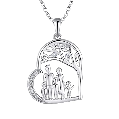 JO WISDOM Damen Kette Mama Familie LebensBaum Silber 925,Halskette Anhänger Mutter 3 Kind Tochter Vater Sohn mit 3A Zirkonia,Schmuck für Frauen von JO WISDOM