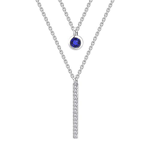 JO WISDOM Damen Kette Mehrschichtige Boho Silber 925 3A Zirkonia September Geburtsstein Saphirfarbe, Halskette Anhänger mit Bar mit Weißgold plattiert,Schmuck für Frauen von JO WISDOM