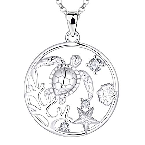 JO WISDOM Damen Kette Silber 925,Halskette Anhänger Schildkröte Koralle Muschel Seestern mit 3A Zirkonia Ozean Schmuck,Schmuck für Frauen von JO WISDOM