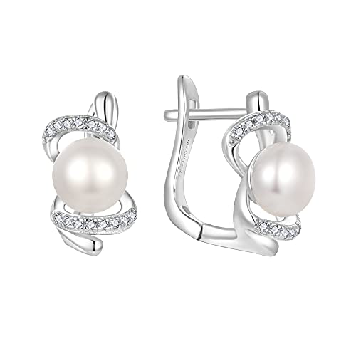 JO WISDOM Damen Ohrringe Creolen Hängende Unendlichkeit Silber 925,Perlenohrringe mit 3A Zirkonia mit 7mm Süßwasserperle,Schmuck für Frauen von JO WISDOM