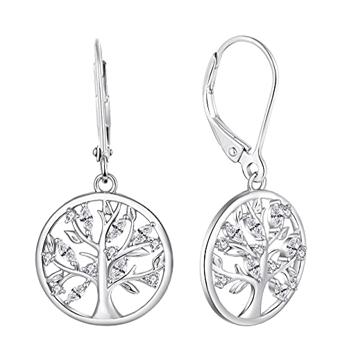 JO WISDOM Damen Ohrringe Hängende Baum des lebens Silber 925,Ohrhänger Lebenbaum mit 5A Zirkonia Kristall April Geburtsstein,Schmuck für Frauen von JO WISDOM