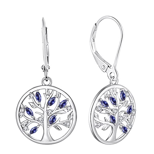 JO WISDOM Damen Ohrringe Hängende Baum des lebens Silber 925,Ohrhänger Lebenbaum mit 5A Zirkonia Kristall Dezember Geburtsstein Tansanit Farbe,Schmuck für Frauen von JO WISDOM
