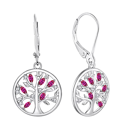 JO WISDOM Damen Ohrringe Hängende Baum des lebens Silber 925,Ohrhänger Lebenbaum mit 5A Zirkonia Kristall Juli Geburtsstein Rubinrote Farbe,Schmuck für Frauen von JO WISDOM