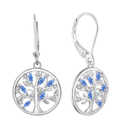 JO WISDOM Damen Ohrringe Hängende Baum des lebens Silber 925,Ohrhänger Lebenbaum mit 5A Zirkonia Kristall März Geburtsstein Aquamarin Farbe,Schmuck für Frauen von JO WISDOM