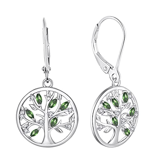 JO WISDOM Damen Ohrringe Hängende Baum des lebens Silber 925,Ohrhänger Lebenbaum mit 5A Zirkonia Kristall Mai Geburtsstein Smaragd Farbe,Schmuck für Frauen von JO WISDOM