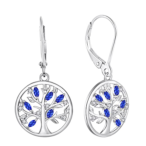 JO WISDOM Damen Ohrringe Hängende Baum des lebens Silber 925,Ohrhänger Lebenbaum mit 5A Zirkonia Kristall September Geburtsstein Saphirfarbe,Schmuck für Frauen von JO WISDOM