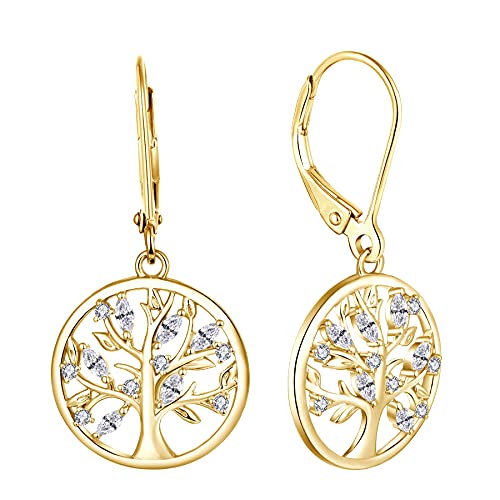 JO WISDOM Damen Ohrringe Hängende Baum des lebens Silber 925,Ohrhänger Lebenbaum mit 5A Zirkonia Kristall mit Gelb Vergoldet,Schmuck für Frauen von JO WISDOM