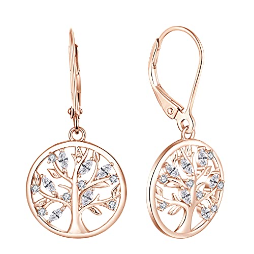 JO WISDOM Damen Ohrringe Hängende Baum des lebens Silber 925,Ohrhänger Lebenbaum mit 5A Zirkonia Kristall mit Rosévergoldet,Schmuck für Frauen von JO WISDOM