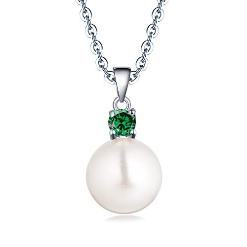 JO WISDOM Damen Perlen Kette Silber 925,Halskette Anhänger 10mm Weiß Süßwasserperle mit 3A Zirkonia Mai Geburtsstein Smaragd Farbe,Schmuck für Frauen von JO WISDOM
