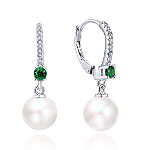 JO WISDOM Damen Perlen Ohrringe Perlenohrringe Silber 925 Hängend Hochzeit Ohrringe mit 8MM Perlen 3A Zirkonia Mai Geburtsstein Smaragd Farbe,Schmuck für Frauen von JO WISDOM