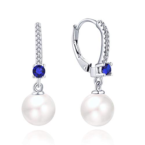 JO WISDOM Damen Perlen Ohrringe Perlenohrringe Silber 925 Hängend Hochzeit Ohrringe mit 8MM Perlen 3A Zirkonia September Geburtsstein Saphir Farbe,Schmuck für Frauen von JO WISDOM