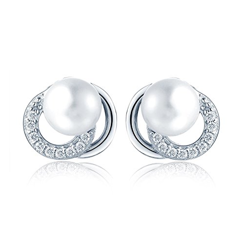 JO WISDOM Damen Perlen Ohrstecker Perlenohrringe Stecker silber 925 mit 7mm Süßwasserperle 3A Zirkonia April Geburtsstein,Schmuck für Frauen von JO WISDOM