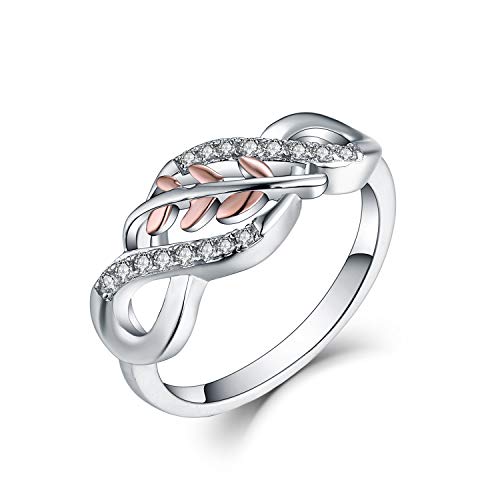 JO WISDOM Damen Ring 925 Sterling Silber Infinity Unendlichkeit Blatt Ring Herz schliff 3A Zirkonia mit zweifarbiger Farbbeschichtung, Roségold und Weißgoldbeschichtung,Schmuck für Frauen von JO WISDOM