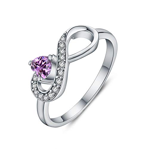 JO WISDOM Damen-Ring 925 Sterling Silber Infinity Unendlichkeit Ring Herz schliff 3A Zirkonia Februar Geburtsstein Amethyst Farbe,Schmuck für Frauen von JO WISDOM