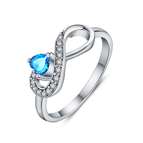 JO WISDOM Damen-Ring 925 Sterling Silber Infinity Unendlichkeit Ring Herz schliff 3A Zirkonia März Geburtsstein Aquamarin Farbe,Schmuck für Frauen von JO WISDOM