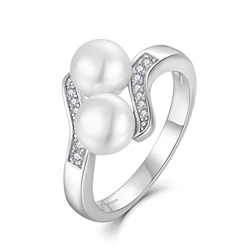 JO WISDOM Damen Ring Silber 925 mit 3A Zirkonia,Perlenring mit 7mm Süßwasserperle,Schmuck für Frauen von JO WISDOM