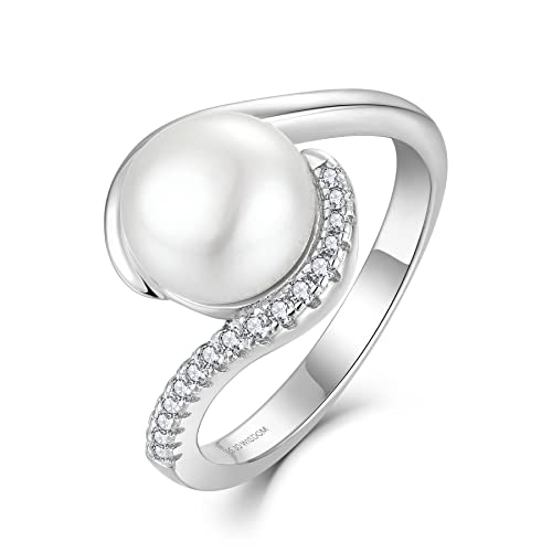 JO WISDOM Damen Ring Silber 925 mit 3A Zirkonia,Perlenring mit 9mm Süßwasserperle,Schmuck für Frauen von JO WISDOM
