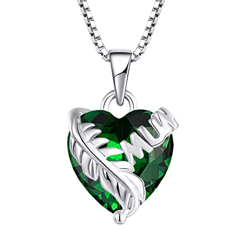 JO WISDOM Damen Silber 925 Feder Halskette Herz Anhänger Kette für Mutter mit grüne Geburtsstein von JO WISDOM