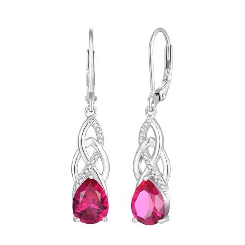 JO WISDOM Damen Unendlichkeits Ohrringe mit keltischem Knoten, Silber 925 hängend Ohrhänger Geburtsstein Juli Rubin Rote Farbe Schmuck für Frauen von JO WISDOM