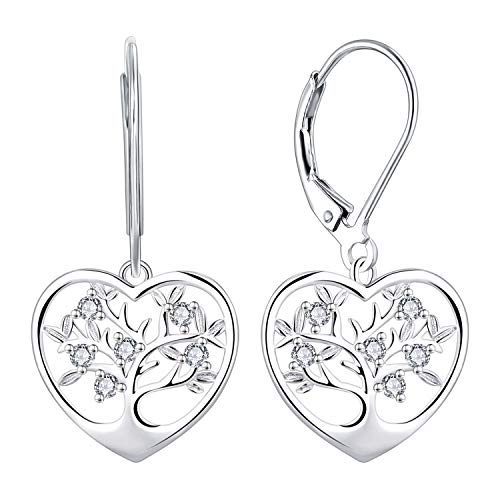 JO WISDOM Damen Hängende Ohrringe Baum des lebens Herz Silber 925 mit 3A Zirkonia Kristall,Ohrhänger lebenbaum,Schmuck für Frauen von JO WISDOM