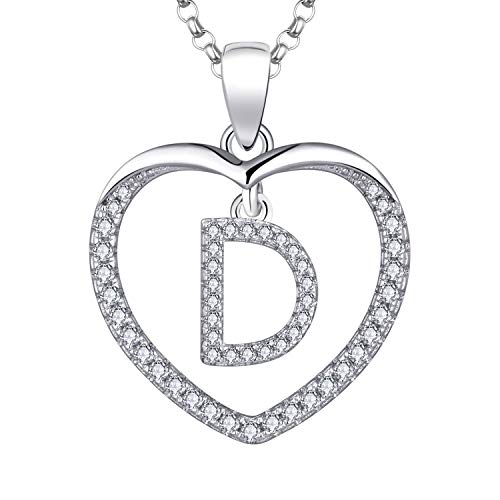 JO WISDOM Damen Kette Herz Silber 925 Halskette Anhänger 26 Briefe D Alphabet Initiale mit 3A Zirkonia,Personalisiert Schmuck für Mutter Tochter Frauen Mädchen von JO WISDOM