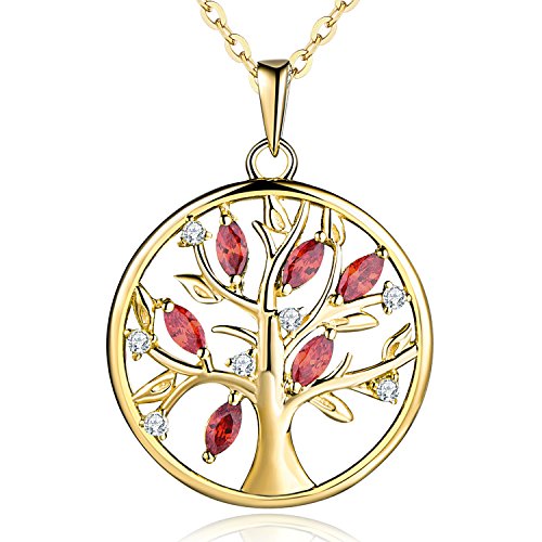 JO WISDOM Halskette Baum Des Lebens,Kette anhaenger silber 925 lebensbaum Familie Anhänger Halskette mit 3A Zirconia Januar Geburtsstein Granat Farbe mit Gelbgold überzogen,Schmuck für Frauen Damen von JO WISDOM