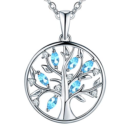 JO WISDOM Halskette Baum Des Lebens,Kette anhaenger silber 925 lebensbaum Familie Anhänger Halskette mit 3A Zirconia März Geburtsstein Aquamarin Farbe,Schmuck für Frauen Damen von JO WISDOM