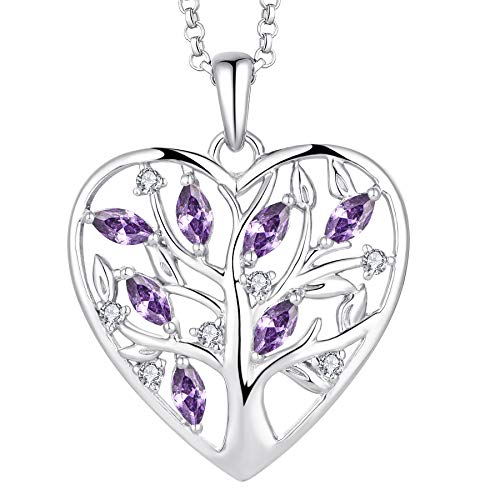 JO WISDOM Halskette Herz Baum Des Lebens,Kette Anhaenger Silber 925 Lebensbaum Familie Anhänger Halskette mit 3A Zirconia Februar Geburtsstein Amethyst Farbe,Schmuck für Frauen von JO WISDOM