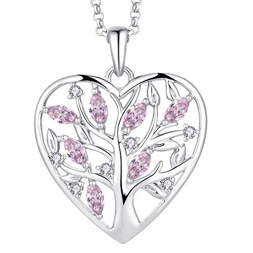 JO WISDOM Halskette Herz Baum Des Lebens,Kette Anhaenger Silber 925 Lebensbaum Familie Anhänger Halskette mit 3A Zirconia Oktober Geburtsstein Turmalinfarbe,Schmuck für Frauen von JO WISDOM