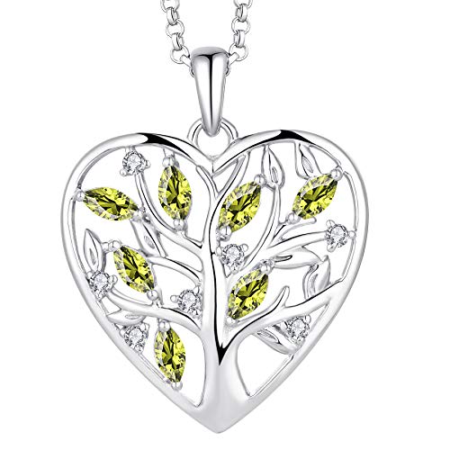 JO WISDOM Halskette Herz Baum Des Lebens,Kette Anhaenger Silber 925 Lebensbaum Familie Anhänger Halskette mit 3A Zirconia August Geburtsstein Peridot Farbe,Schmuck für Frauen von JO WISDOM