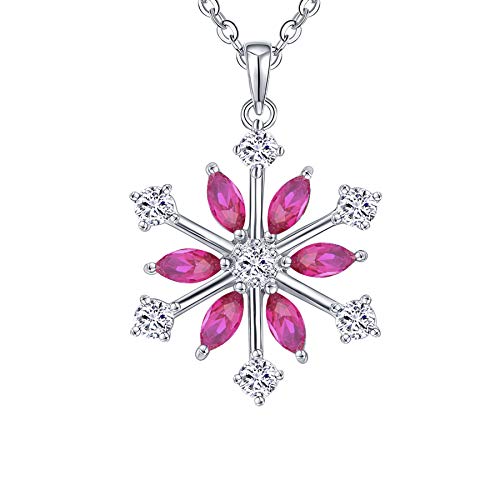 JO WISDOM Halskette Schneeflocken Silber 925 Damen,Anhänger Kette mit 3A Zirconia Juli Geburtsstein Rubinrote Farbe Swarovski Kristall,Weihnachtsschmuck für Frauen von JO WISDOM