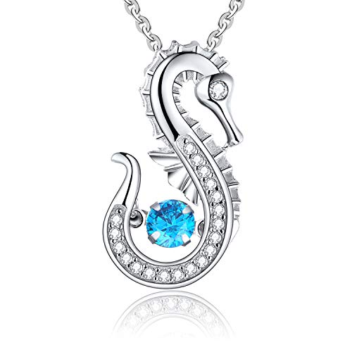 JO WISDOM Halskette Seepferdchen Silber 925,Kette Anhänger Leben im Meer Ozeanleben mit 3A Zirkonia März Geburtsstein Aquamarin Farbe,Schmuck für Frauen von JO WISDOM