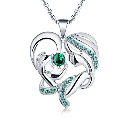 JO WISDOM Mama Damen Halskette Silber 925,Kette Anhänger Mutter und Tochter/Sohn Liebesherz 3A Zirkonia Mai Geburtsstein Smaragd Farbe,Schmuck für Frauen von JO WISDOM