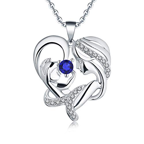 JO WISDOM Mama Damen Halskette Silber 925,Kette Anhänger Mutter und Tochter/Sohn Liebesherz 3A Zirkonia September Geburtsstein Saphirfarbe,Schmuck für Frauen von JO WISDOM