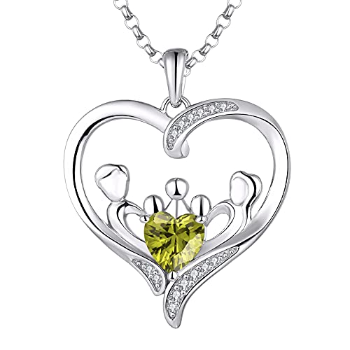 JO WISDOM Mama Halskette Silber 925,Kette Anhänger Mutter 3 Kinder Tochter/Sohn Vater Familie Liebe Herz mit 3A Zirkonia August Geburtsstein Peridot Farbe,Schmuck für Frauen von JO WISDOM