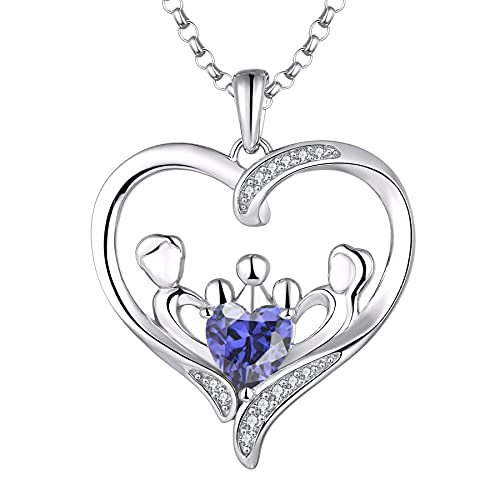 JO WISDOM Mama Halskette Silber 925,Kette Anhänger Mutter 3 Kinder Tochter/Sohn Vater Familie Liebe Herz mit 3A Zirkonia Dezember Geburtsstein Tansanit Farbe,Schmuck für Frauen von JO WISDOM