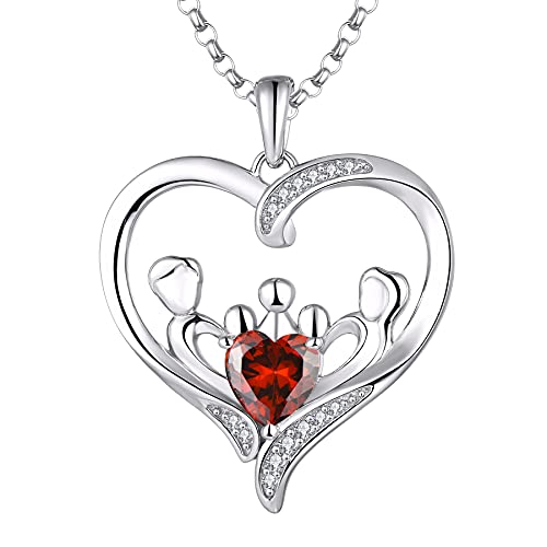 JO WISDOM Mama Halskette Silber 925,Kette Anhänger Mutter 3 Kinder Tochter/Sohn Vater Familie Liebe Herz mit 3A Zirkonia Januar Geburtsstein Granatfarbe,Schmuck für Frauen von JO WISDOM