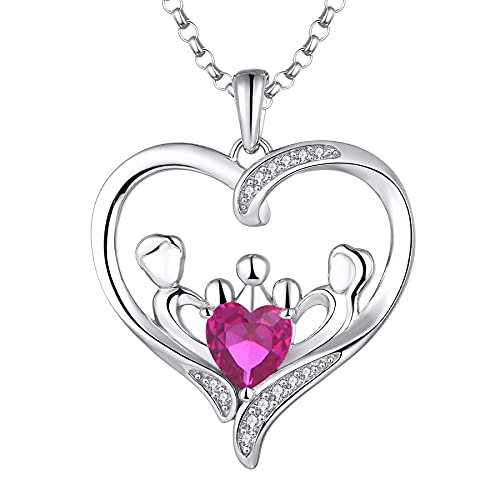 JO WISDOM Mama Halskette Silber 925,Kette Anhänger Mutter 3 Kinder Tochter/Sohn Vater Familie Liebe Herz mit 3A Zirkonia Juli Geburtsstein Rubinrote Farbe,Schmuck für Frauen von JO WISDOM