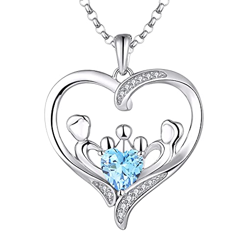 JO WISDOM Mama Halskette Silber 925,Kette Anhänger Mutter 3 Kinder Tochter/Sohn Vater Familie Liebe Herz mit 3A Zirkonia März Geburtsstein Aquamarin Farbe,Schmuck für Frauen von JO WISDOM