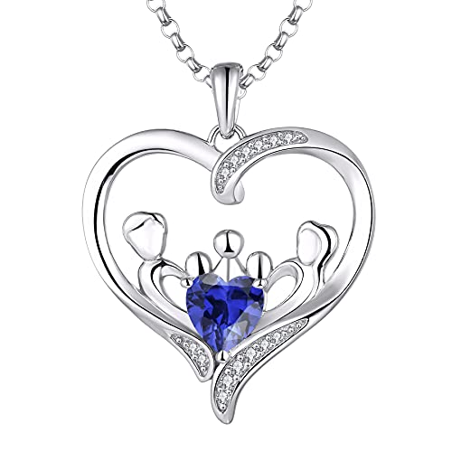 JO WISDOM Mama Halskette Silber 925,Kette Anhänger Mutter 3 Kinder Tochter/Sohn Vater Familie Liebe Herz mit 3A Zirkonia September Geburtsstein Saphirfarbe,Schmuck für Frauen von JO WISDOM