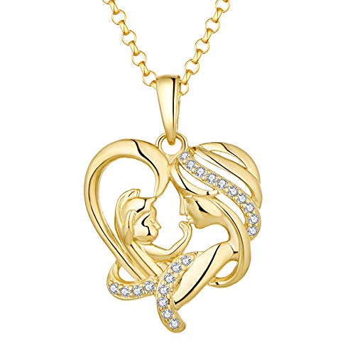 JO WISDOM Mama Halskette Silber 925,Kette Anhänger Mutter Kinder Familie Liebe Herz mit 3A Zirkonia mit Gelbgold überzogen,Schmuck für Frauen von JO WISDOM