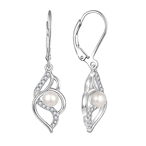 JO WISDOM Ohrringe Hängende Unendlichkeit Knoten Silber 925,Perlenohrringe Damen mit 3A Zirkonia mit 5mm Süßwasserperle,Schmuck für Frauen von JO WISDOM