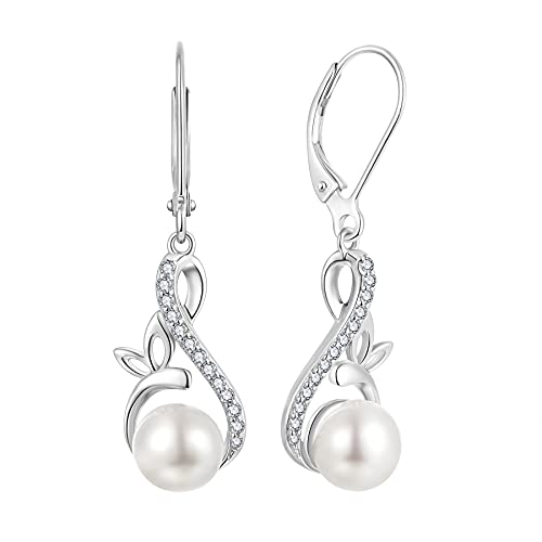 JO WISDOM Ohrringe Hängende Unendlichkeit Schmetterling Silber 925,Perlenohrringe Damen mit 3A Zirkonia mit 8mm Süßwasserperle,Schmuck für Frauen von JO WISDOM