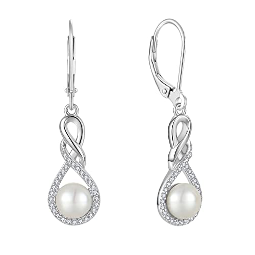 JO WISDOM Ohrringe Hängende Unendlichkeit Silber 925,Ohrhänger Perlenohrringe Damen mit 3A Zirkonia mit 7mm Süßwasserperle,Schmuck für Frauen von JO WISDOM