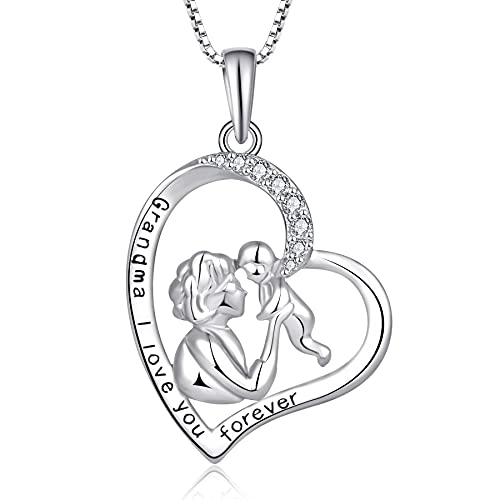 JO WISDOM Oma Halskette Silber 925,Kette Anhänger Oma und Enkelin Familie Liebe Herz Graviert I Love You mit 3A Zirkonia,Schmuck für Frauen von JO WISDOM