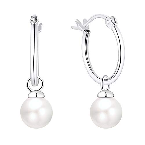 JO WISDOM Perlenohrringe Silber 925 15MM Creolen Hängend Ohrringe mit 8MM Weiß Perlen,Schmuck für Frauen von JO WISDOM